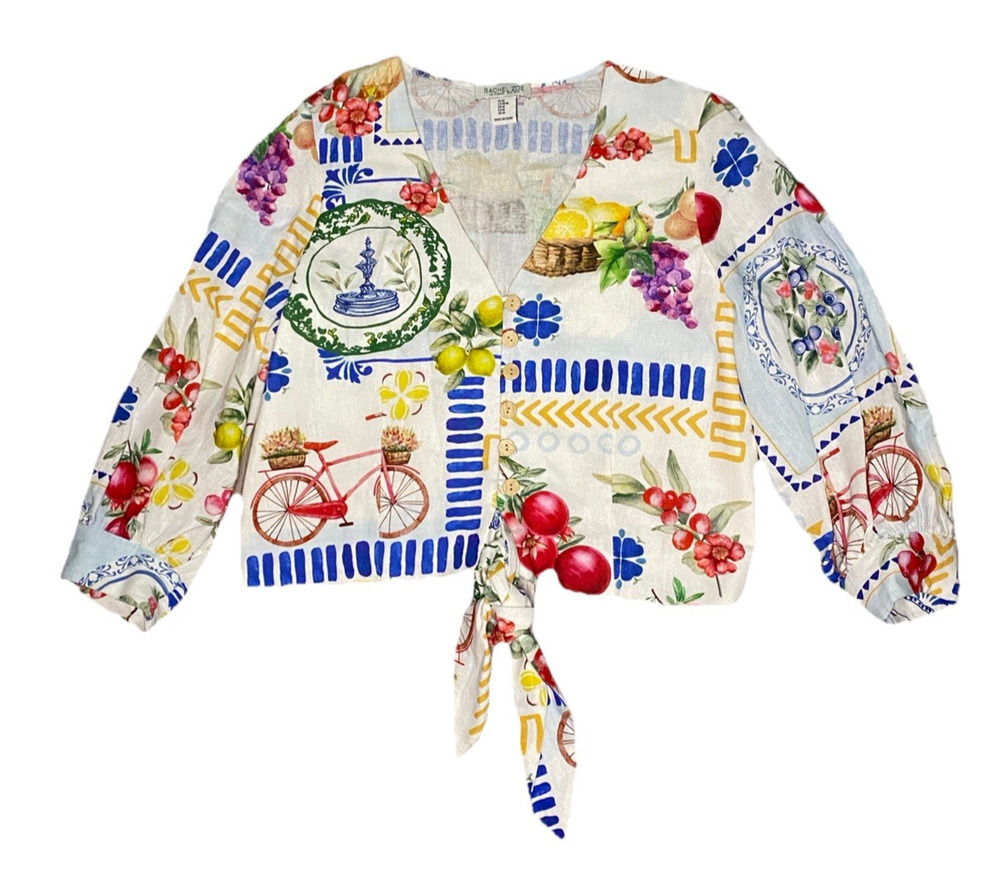 Cynthia Rowley Italian Summer Linen Fruit Tie Front Crop Top M NWOT